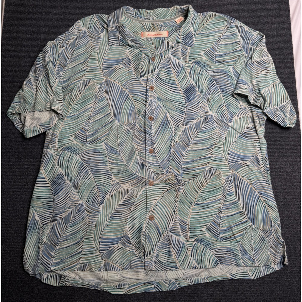 Tommy Bahama Mens XXL 100% Silk Palm Leaf Print Short Sleeve Camp Shirt Blue